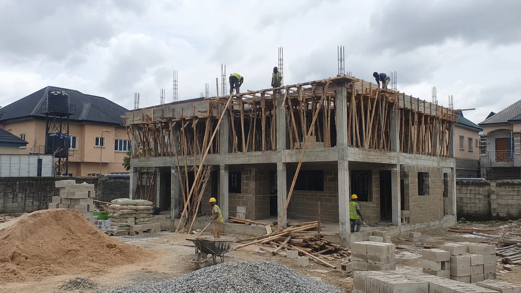 Concrete frame and blockwork construction