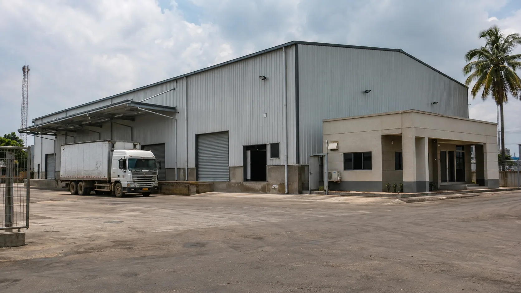 Completed steel-clad warehouse with loading bays and attached office block
