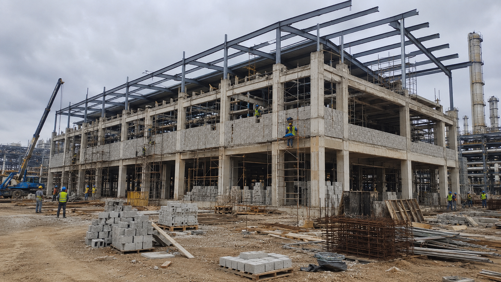 Industrial concrete and steel structure under construction