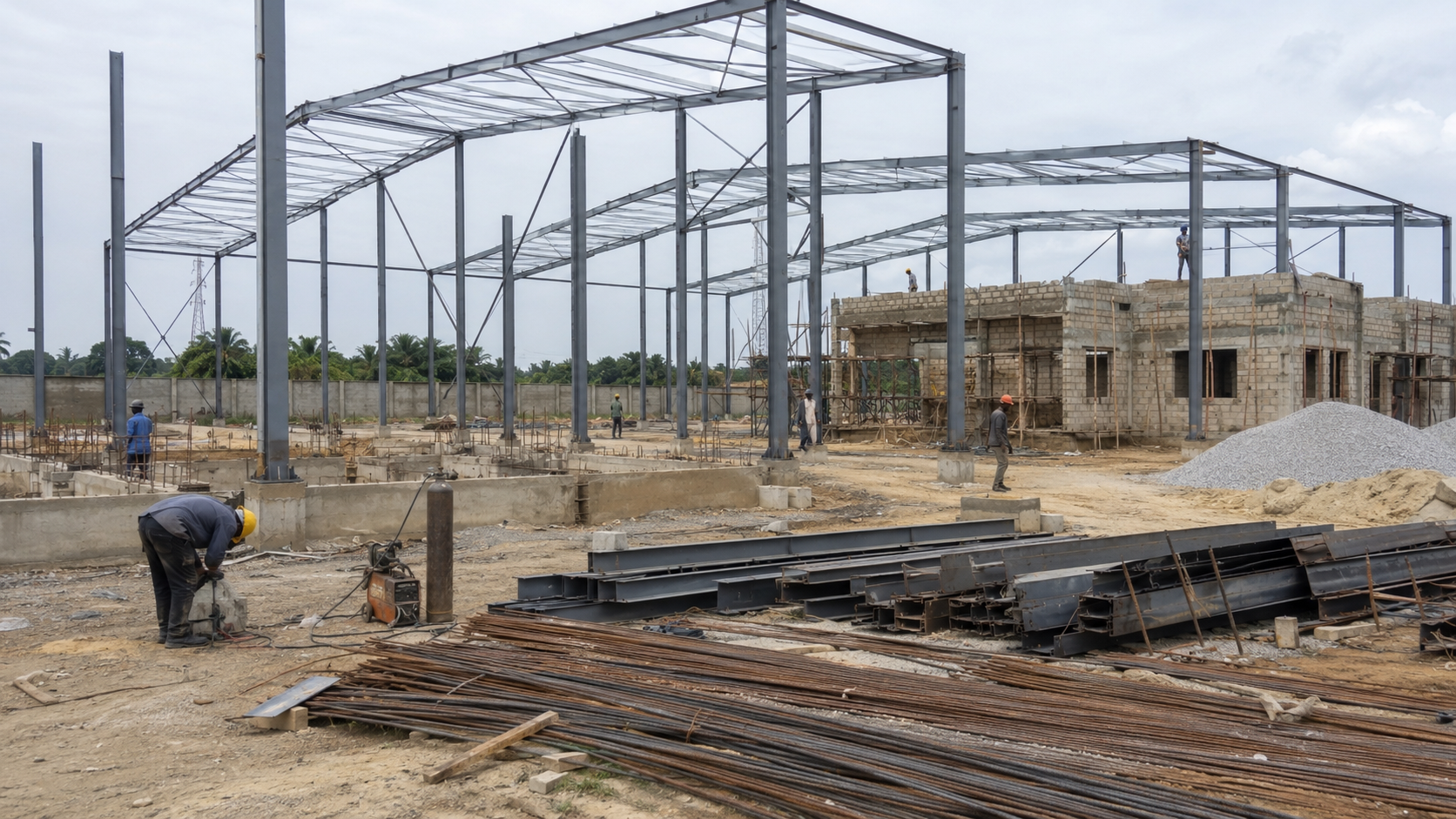 Industrial site with portal frames, stored steel and on-site fabrication work