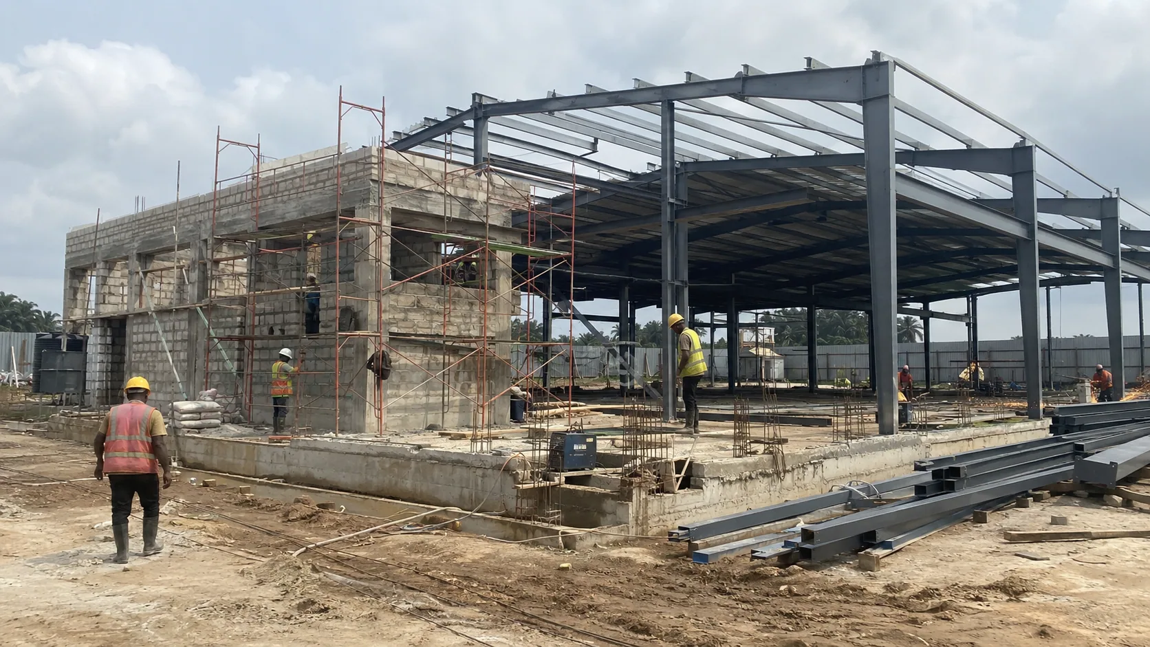 Industrial facility under construction with structural steel framing