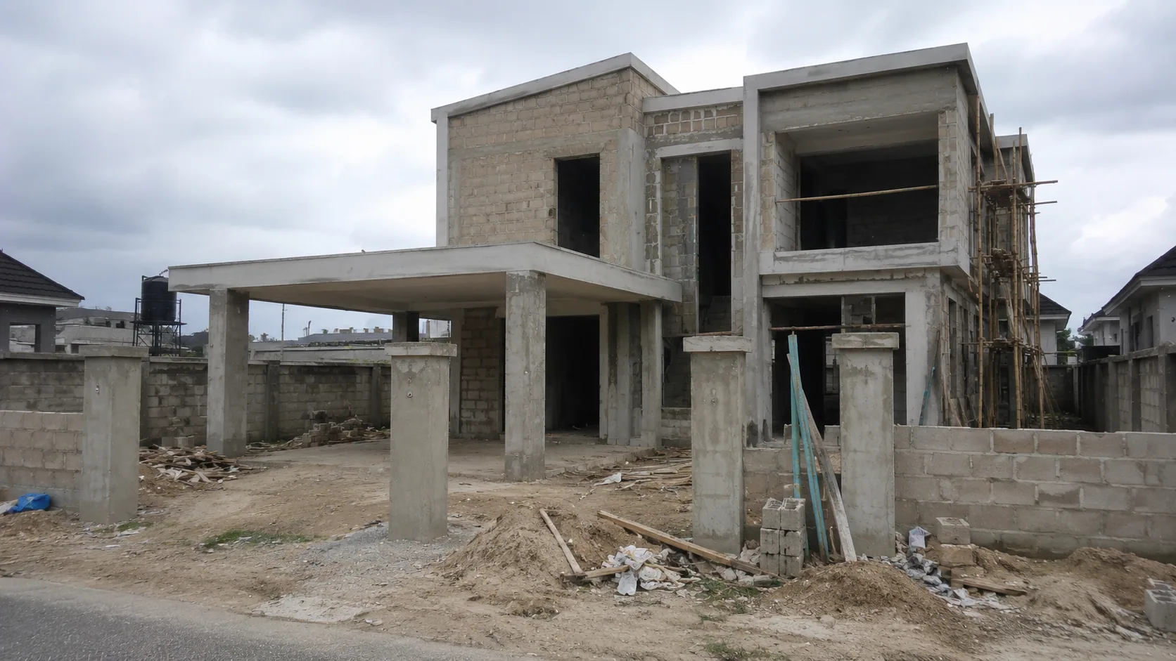 Contemporary two-storey residence at concrete frame and blockwork stage