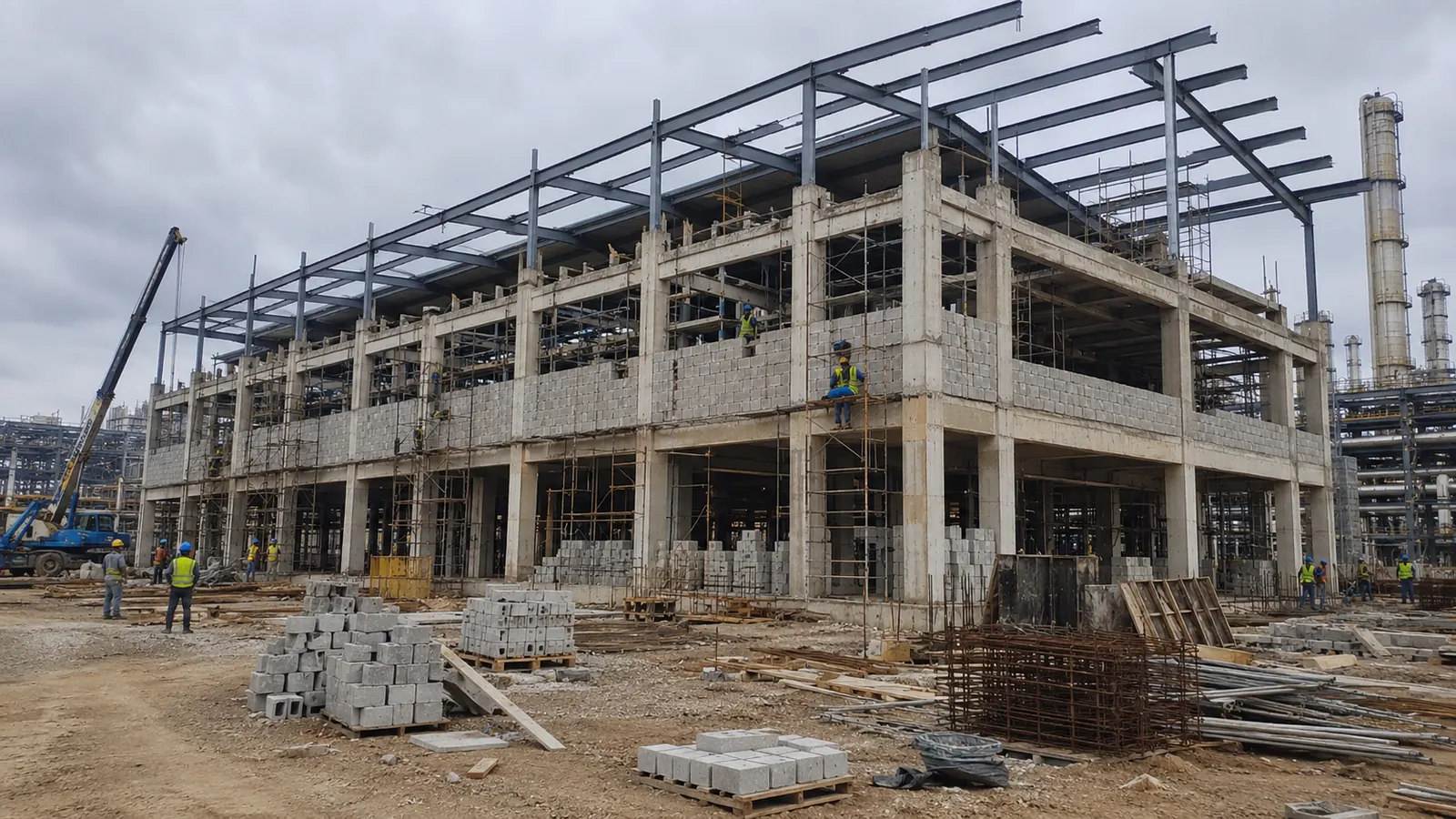 Industrial concrete and steel structure under construction