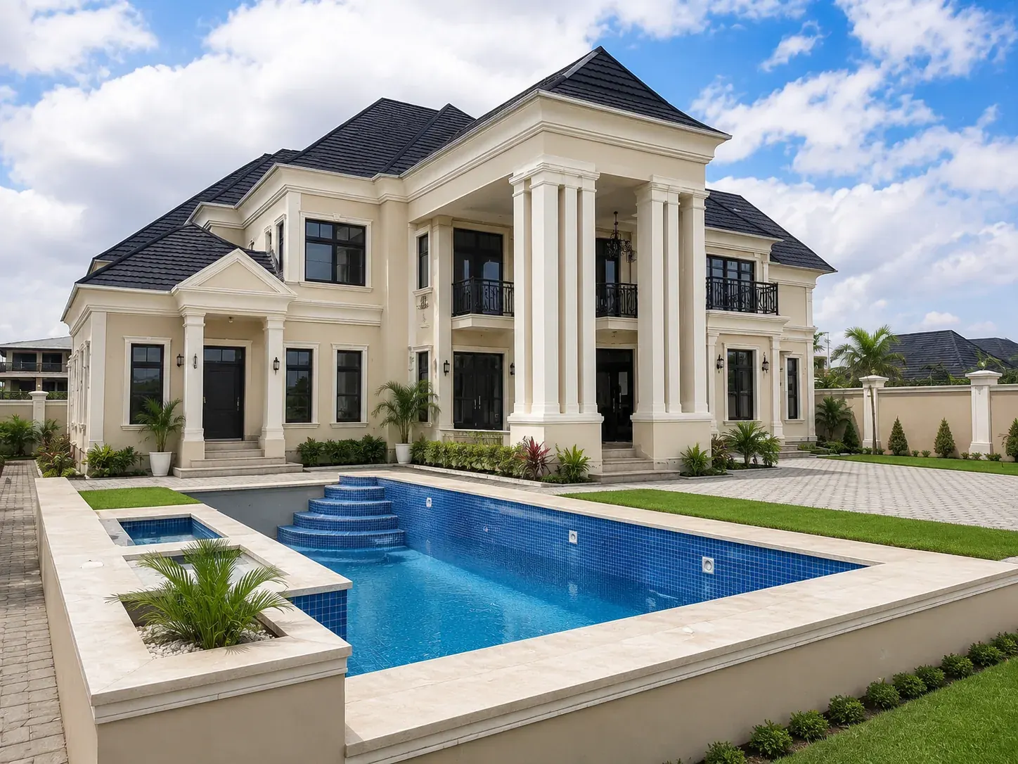 Completed blue-tiled swimming pool integrated with a classical-style residence