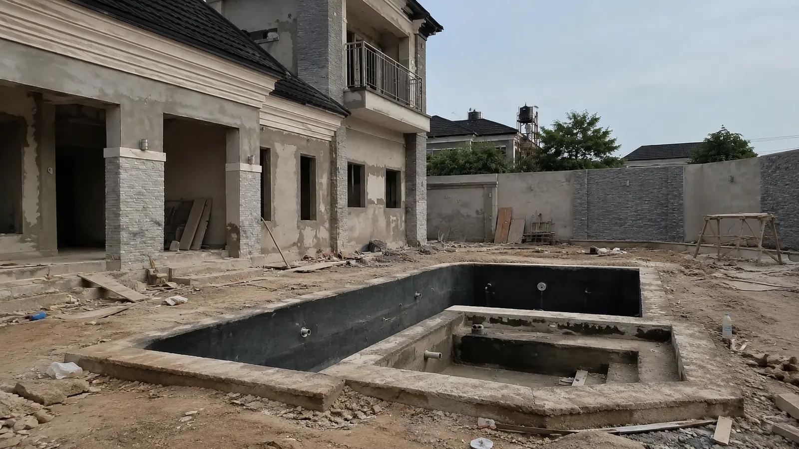 Swimming pool shell receiving waterproofing