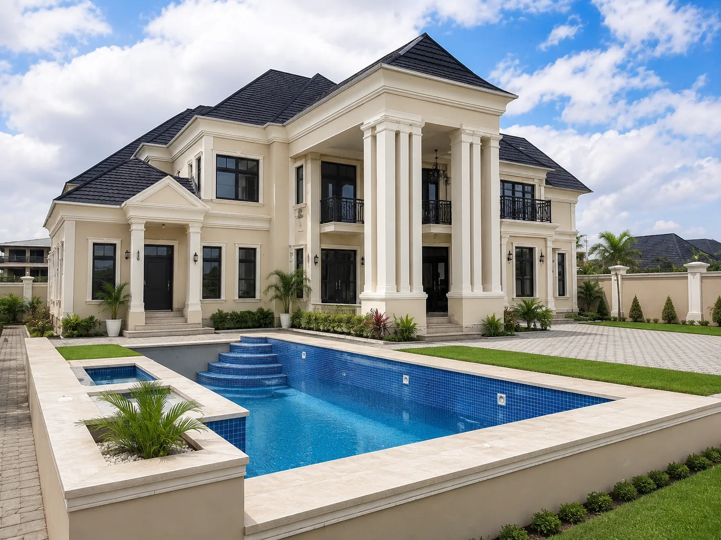 Completed blue-tiled swimming pool integrated with a classical-style residence