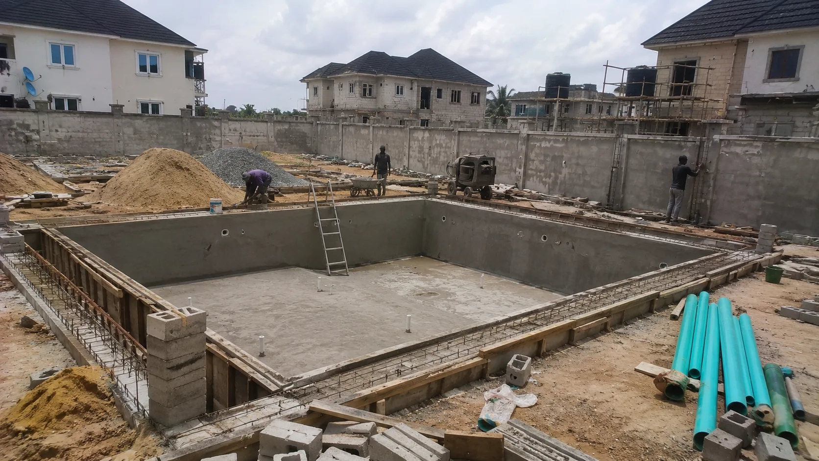 Large rectangular pool shell at structural and services installation stage
